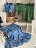 Korean Retro Blue Floral Net Yarn In The Word Skirt Women's Summer French Seaside Holiday Bag Fish Tail Half-Body Dress