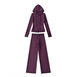 Hooded Yoga Zipper Coat Women 2026 Spring And Autumn New Solid Dress + Rope Straight Trousers Set