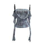 Real Shooting Belt Adjustment Buckle Strap Sling Long-Sleeved T-Shirt Autumn Dress Fashion Collar Mesh Yarn Coat Woman 1311