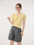 Grey Ribbon Strap Ice Silk Short-Sleeved Knitted Shirt Summer 2025 New Body-Cuff Hollow Shirt Solid Color Top
