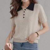 Short-Sleeved Knitting Polo Collar Pink Splicing Shoulder Summer Design Small Soft Knitting Slim Top