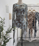 Vintage Print Double-Layer Mesh Long-Sleeved Top Design Feel Irregular Ribbon-Up T-Shirt 99981