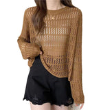 Spring And Autumn 2025 Knitted Shirt Thin Hollow Top Women's Long Sleeves Loose Breathable Coat Grid Simple Match