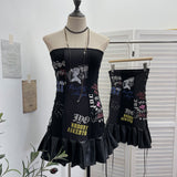 Printed Split Splicing Rope Tie With Pu Skin Bra Punk Babes Dress Dress Girl 6289