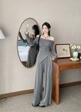 Sensing Temperament Set Decoration Body Slim Shoulder Long Sleeve Top Lady Autumn Broad Leg Pants Two Sets