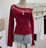 Vintage Cross Letter Print Slanted Shoulder Long-Sleeved T-Shirt T-Shirt Repair Babes Top 1633