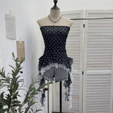 Real Shooting Wave Point Printing Yarn Tectonic Tector Vest Irregular Splicing Lace Ribbon Ribbon Leaves Edge Sleeveless Top 7231