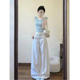 White Textured Wide-Legged Jeans Women's Autumn Thin High-Waist Loose-Fitting Taut Trousers