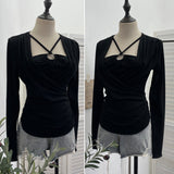 French Design Sense Hanging Neck Cross-Folded Long-Sleeved T-Shirt Inside The Fake Two-Piece Top Female 2767