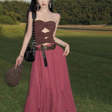 2026 Dopamine Atmosphere Feel Small Vest Korean Version Pure Holiday Style Wearing Hollow Smear Bosom Hottie Design Top