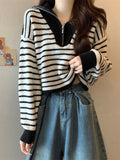 Autumn And Winter Languid Soft-Crelenting Short-Sleeved Knitted Shirt Half-Zip Striped Collar Sweater