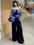 Striped Collar Hottie Chic Long-Sleeved Shirt With Wide Leg Trousers 2026 Summer New Two-Piece
