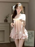 New Chinese-Style Suit Women's Summer National Wind Looks Pink Irregular Hanging Neck Top Cake Half Skirt A Complete Set