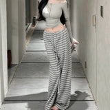 South Korea's New Gray-White Striped Trousers Slacks Loose-Fitting Trousers With Straight Trousers Spring And Autumn Loose Waist Design Sense