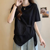 2026 Summer New Meat Cover Thin Loose Fat MM Irregular Fake Two-Piece Top Tide T-Shirt Girl