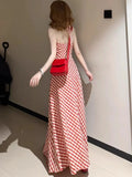 French Red Lattice Hanging Neck Sling Dress Woman 2025 Summer Seaside Holiday Wind To Show Lanky Skirt