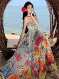 Tea Break French Pure Lust Colorful Broken Flower Sling Strap High-Waisted Holiday Dress Bohemia Seaside Dress