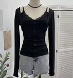 Real Shooting Spice Girls Fake Two Lace Slings Splicing Side Single Buckle Casing Long Sleeve Bottom Shirt 2828