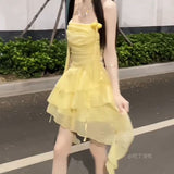 French Design Feel The Leaves Side Of The Blue Dress Women's Summer Gentle Wind Beautiful Seaside Wind Swing Tie Sling Skirt