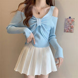 2025 New Temperament Goddess Fan French Small Body Slim Design Feel Shoulder Bows Thin Knitting Tops
