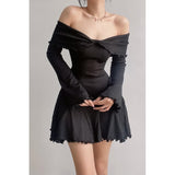 Spice Girls Pure Lust Wind Shoulder Cross Long-Sleeved Dress Women Autumn And Winter New Dress Waist A Word Outside Wearing Short Skirt