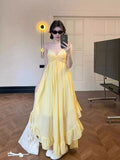 Pure-Want Retro Design Irregularly Exposed Back Yellow Slings Long Skirt Atmosphere Feel Holiday Wind Beach Skirt
