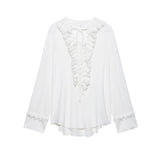 Summer New Loose V-Neck Cascade Trim With Long-Sleeved Shirt