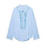 Summer New Loose V-Neck Cascade Trim With Long-Sleeved Shirt