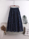 Spring 2025 New High-Rise Thin Double-Layer Mesh Shaft A-Shaped Skirt Three-Dimensional Embroidery Flower Mid-Long Skirt