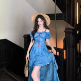 French Temperament Seaside Resort Dress Women's Summer 2025 New Blue Floral Irregular Design Long Dress