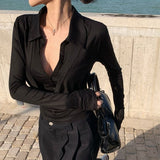 Design-Sensitive Solid Color 2025 Temperamental Holiday Two Long-Sleeved T-Shirt Women's Autumn Slimming Top
