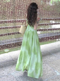 French Super-Look Unique Beautiful Green Halo Print Sling Dress Seaside Holiday Dress 2026 Summer