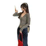 Small Design-Sense Stripe V-Neck Long-Sleeved Ragged T-Shirt Girl 2025 Autumn New Super-Look Unique Beautiful Top