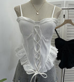 Real-Hand Shot Thai With Chest Pad Strap Lace Splicing Irregular Sling Vest Short Sleeveless Top 2860