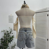Real Shot Hairy Bow Hanging Neck High Neck Retro Shoulder Long-Sleeved T-Shirt Sexy Hottie Repair Body Dress 27912