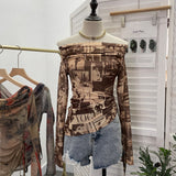 Vintage Graffiti-Printed Shoulder-Threin Mesh Long-Sleeved Blouse Side Drawstring Tethered With Slime T-Shirt 8959