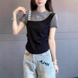 2026 Summer New Round Collar Fashion Colliding Short-Sleeved T-Shirt Women's Small Slim Slimming Commuting Top