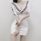 Temperament Tight V-Neck Collar Cuffed Ass Short Skirt Summer New Korean Version Of High-Waisted Body Dress Ins
