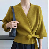 French Retro V Tie Loose Outer Knitted Cardigan Design Sweater Coat Femininity