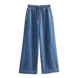 Spring 2025 New Women's Fashion Wash Blue Denim Blouse Straight Trousers Set