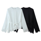 Spring New Lace Spliced Ribbon With Asymmetric Long-Sleeved Top
