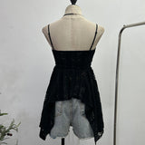 Real-Shooting Lace Tling Folded Sling Vest Irregular Skirt Shaved Thin Holiday Wind Sleeveless Top 1029