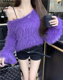 Autumn And Winter New Lazy Wind High-End Temperament Candy V Collar Short Imitation Stings Hair Knitted Shirt