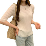 This Year's Popular Pit Strip Round-Neck Short-Sleeved Knitted Shirt Women 2025 Summer New Beautiful Summer Inside And Outside To Wear Clothes