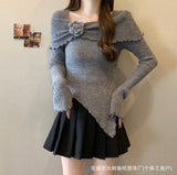 French Temperament Wooden Ear Three-Dimensional Flower Knitting Top Irregular Design Feel Waist Thin Horn Sleeve Bottom