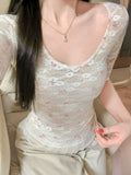Pure Lust Wind Mesh Fake Two-Sleeved T-Shirt Girl Summer New Slimmed Hot Girl U Collar Broken Lace Top