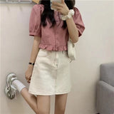 2025 Lotus Leaf Side Short-Sleeved Shirt Women High Waist Can Be Sweet Bubble Sleeve Fresh Leaf Side Shirt