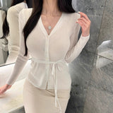Spring New V-Neck Belt Temperament Thin Micro-Permeable Top Korean Linen Long-Sleeved Knitted T-Shirt Woman