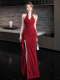 Red Three-Dimensional Flowers Hanging Neck Dress Women's Summer Dress Dress Pure Want To Close The Waist Open Fork The Ass Skirt