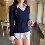 Korean Beauty Blue Jab V-Neck Long-Sleeved Knitted Shirt Women Autumn 2025 New Bottom List To Wear Clothes